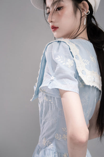 Blue Lace Collar Short Sleeve Dress COT0320