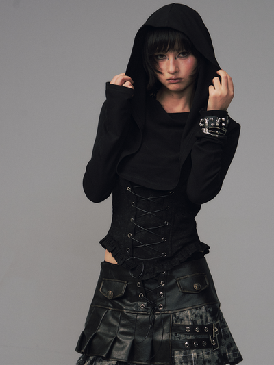 Dark Collar Hooded Patchwork Jacquard Top FRU0121