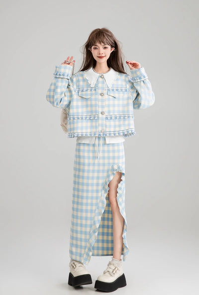 Blue And White Plaid French Short Jacket/Slit Skirt KEI0169