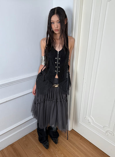 Lace Splicing Metal Button Fur Collar Vest DOU0129