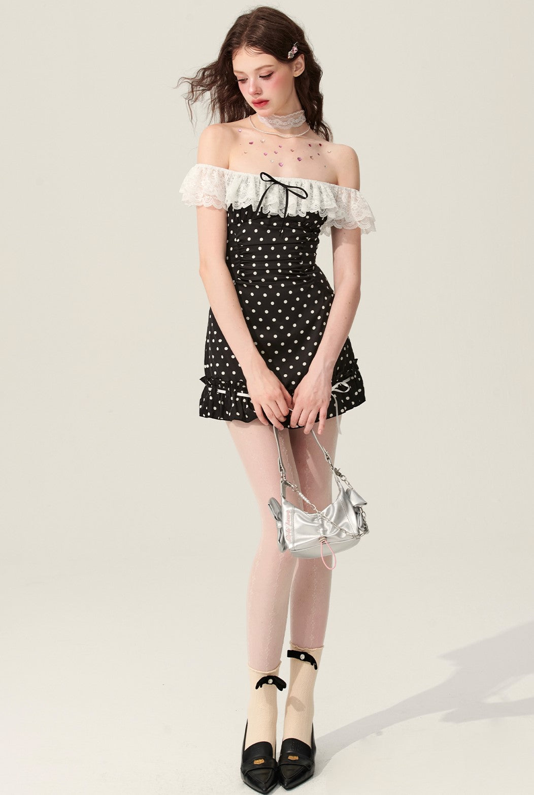 Black One-shoulder Polka Dot Dress DIA0176