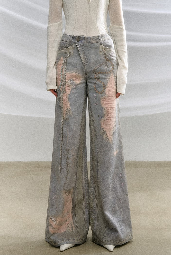 Ripped Full Print Pendant Beaded Bootcut Denim Pants OFA0207