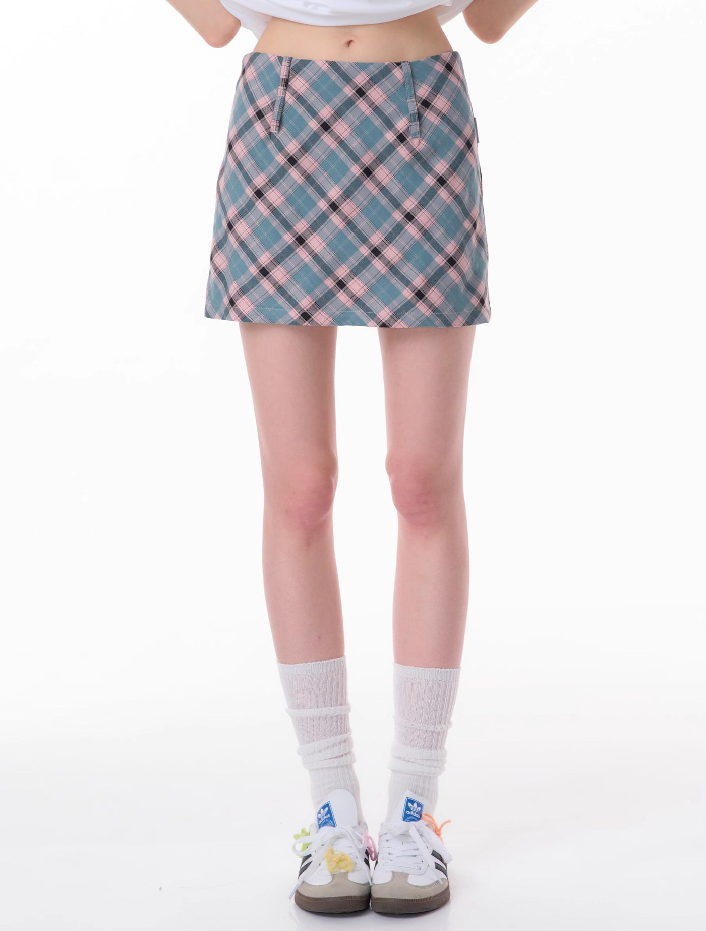 American Retro High Waist Slim Pink Blue A-line Plaid Short Skirt ZIZ0130