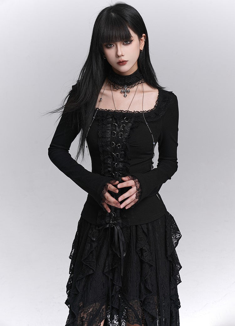 Black Long-Sleeved Lace Slim T-shirt LAD0248