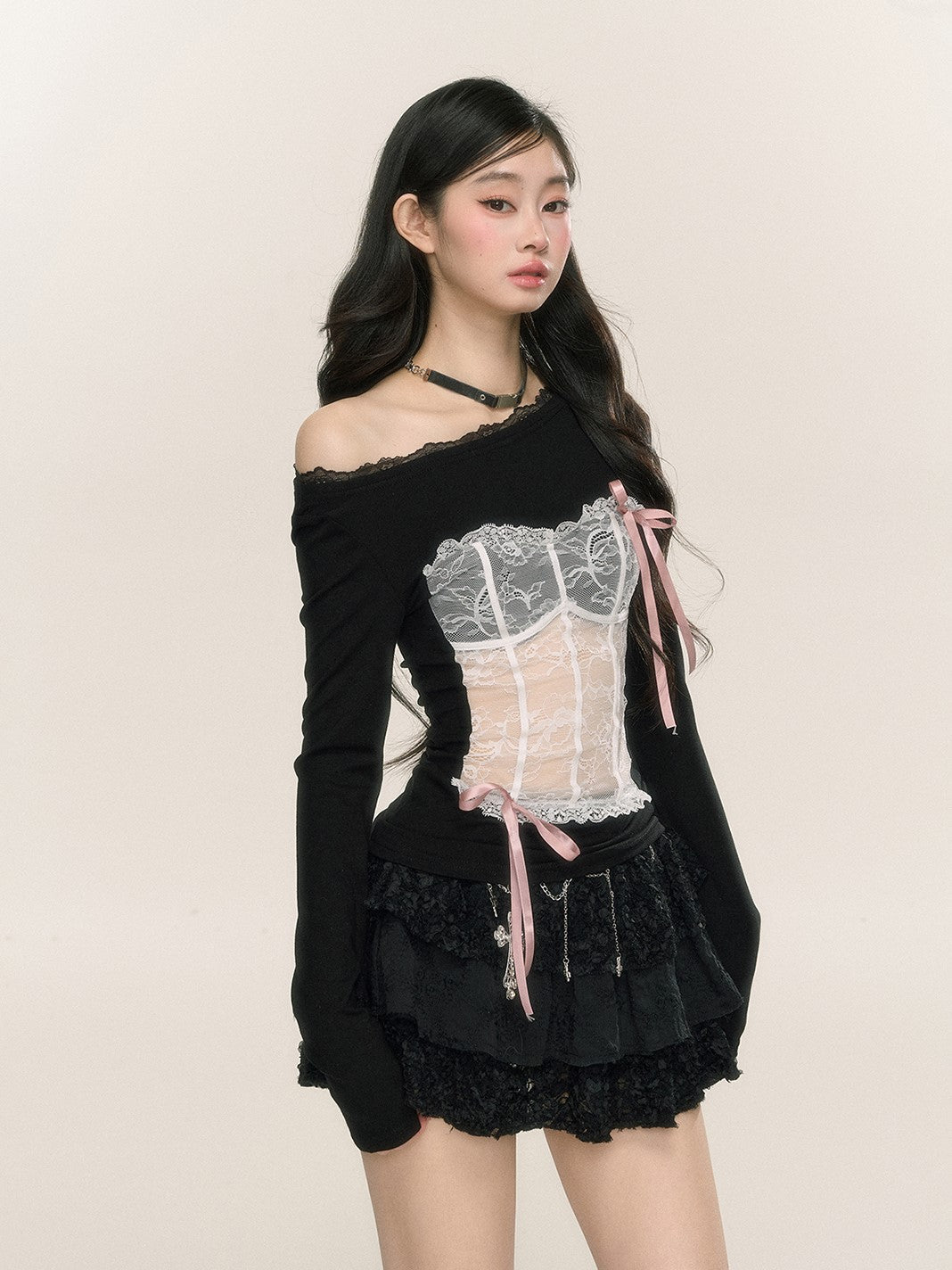 Slightly Transparent Lace Off-shoulder T-shirt DIA0233