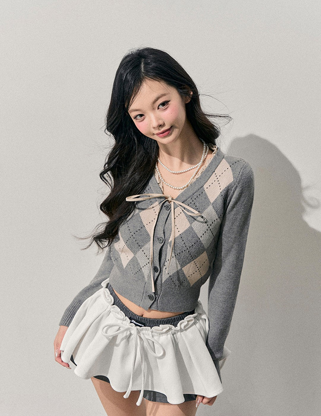 French Argyle Knitted Short Cardigan DIA0763