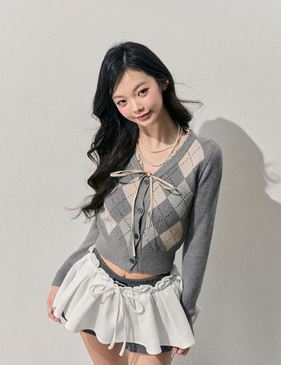 French Argyle Knitted Short Cardigan DIA0763