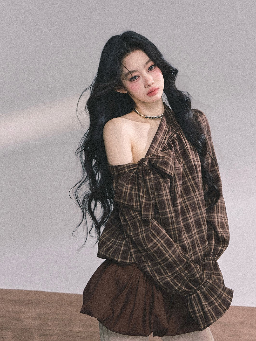 Oblique Shoulder Bow Plaid Shirt DIA0625