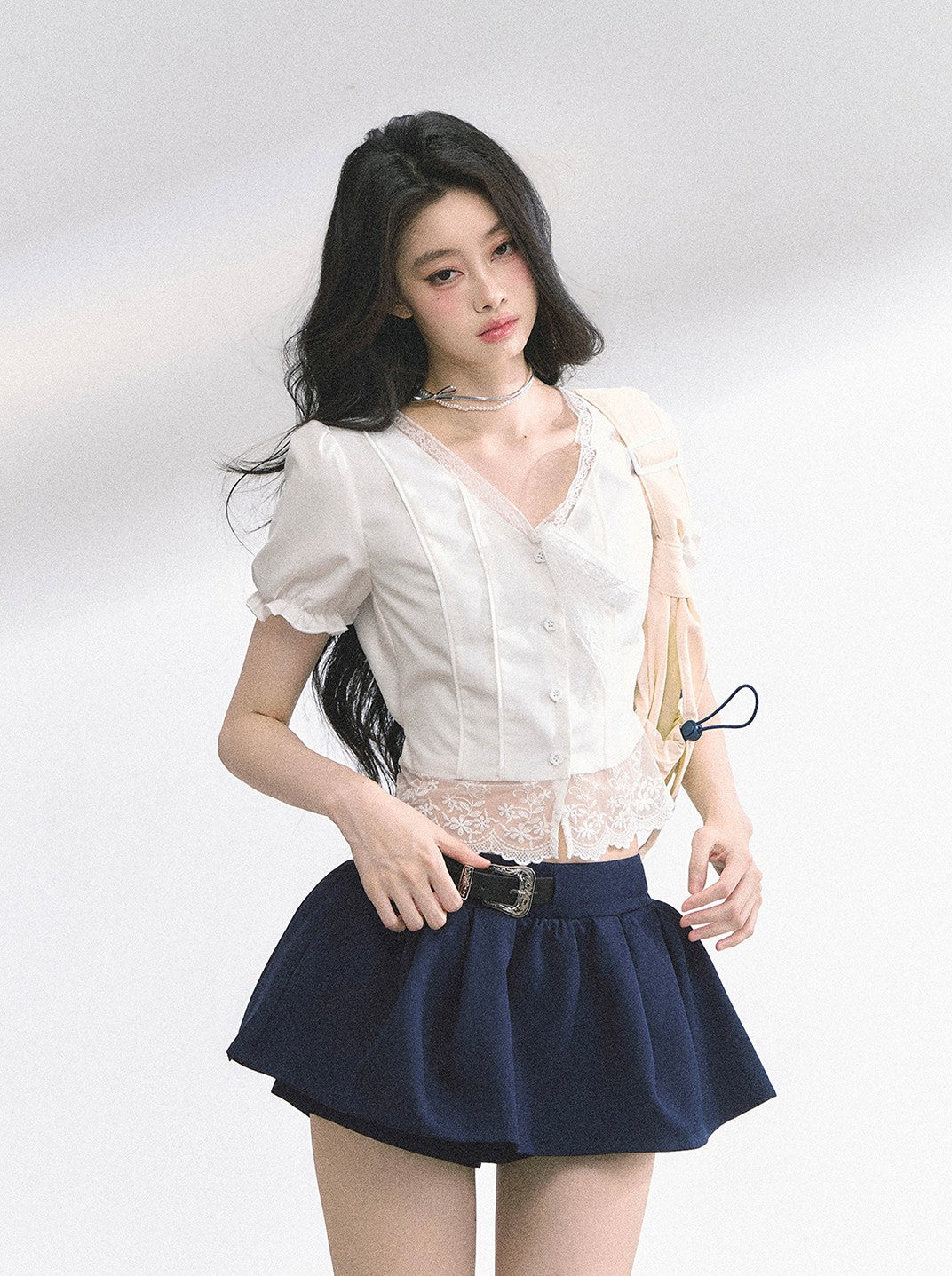 Lace V-neck Puff Sleeve Shirt DIA0521