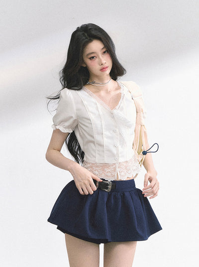 Lace V-neck Puff Sleeve Shirt DIA0521
