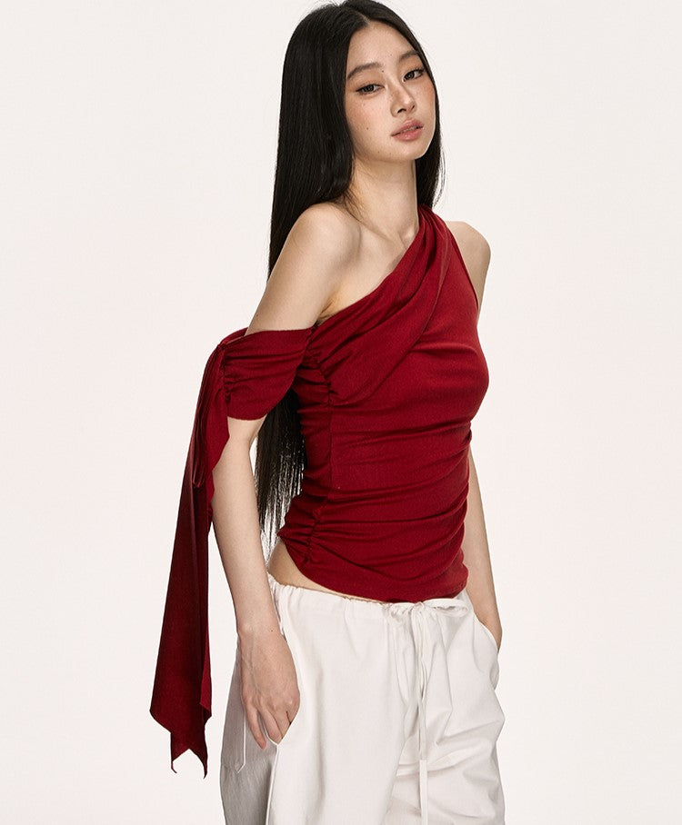 Irregular Oblique Shoulder Ribbon Red Top ANA0013