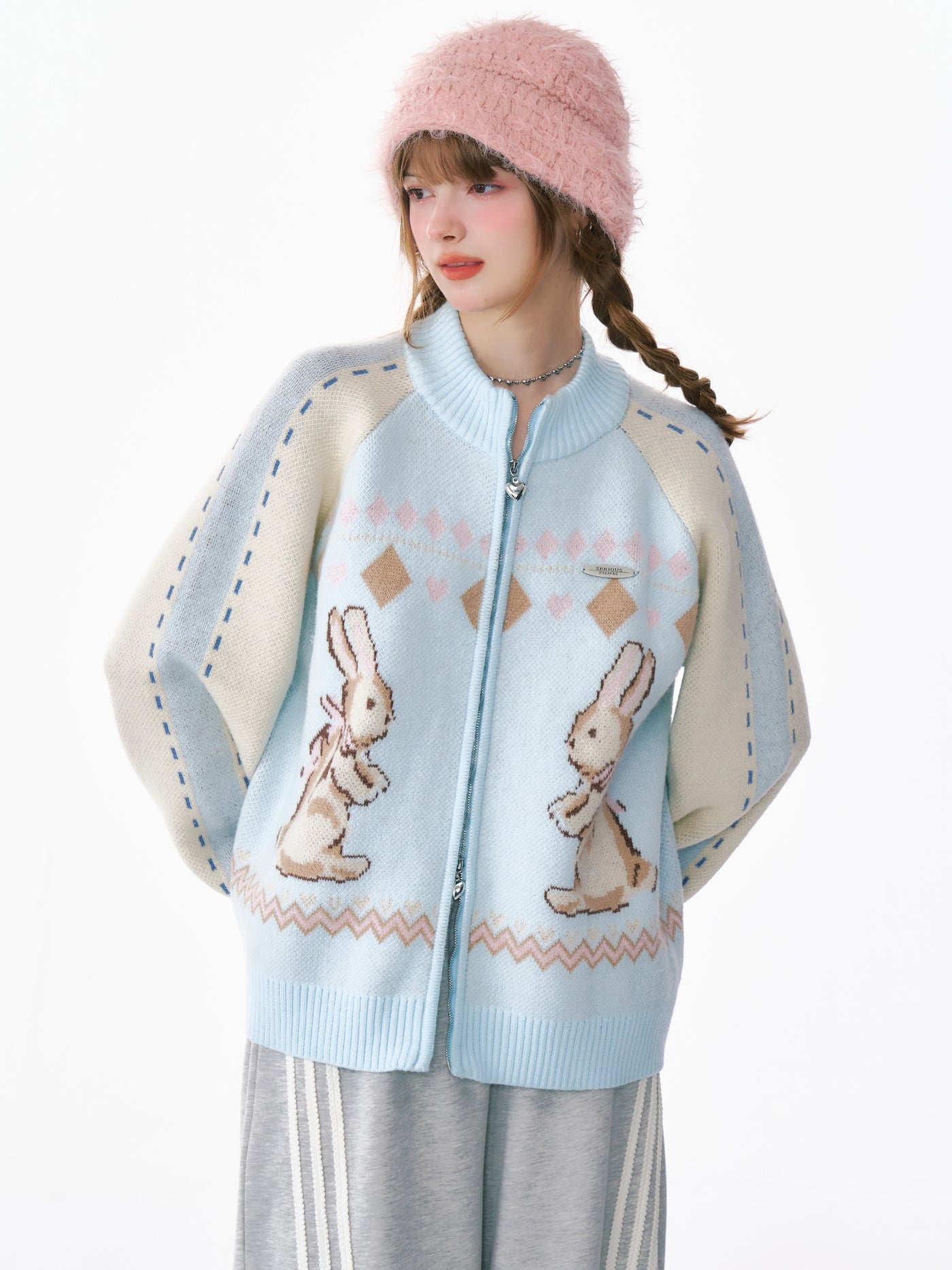 Retro Design Contrast Color Stitching Rabbit Sweater Zipper Cardigan ZIZ0187