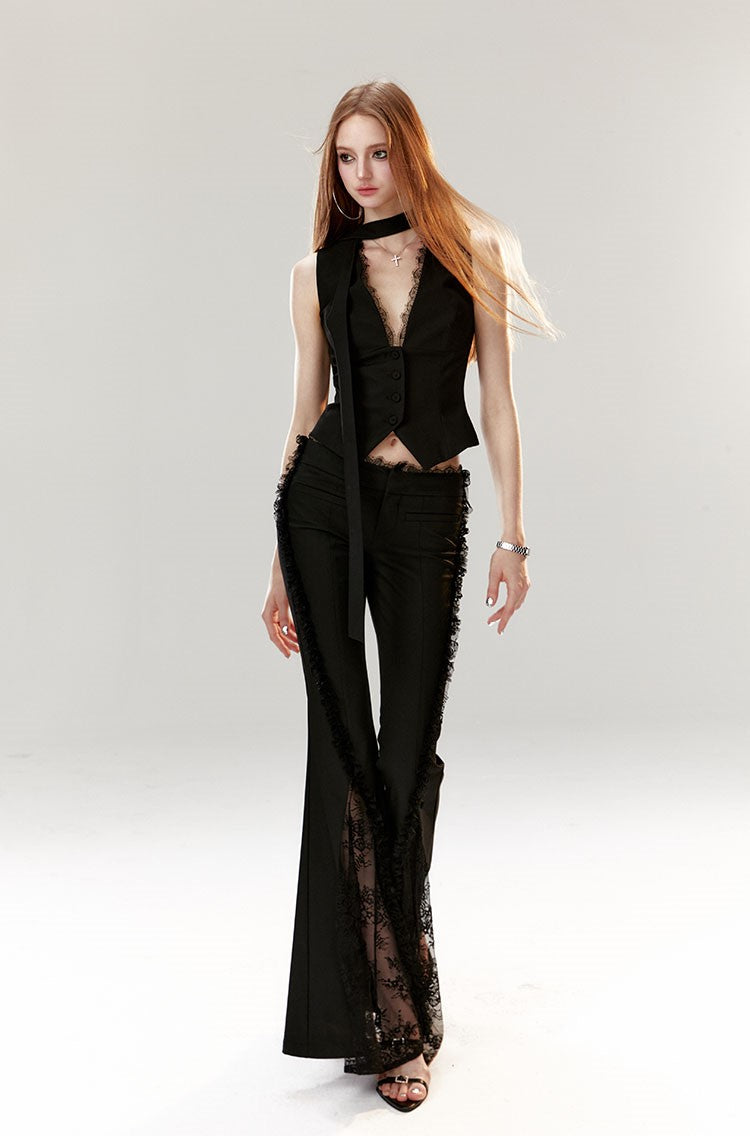 Lace Flared High Waist Black Suit Pants 4MU0040