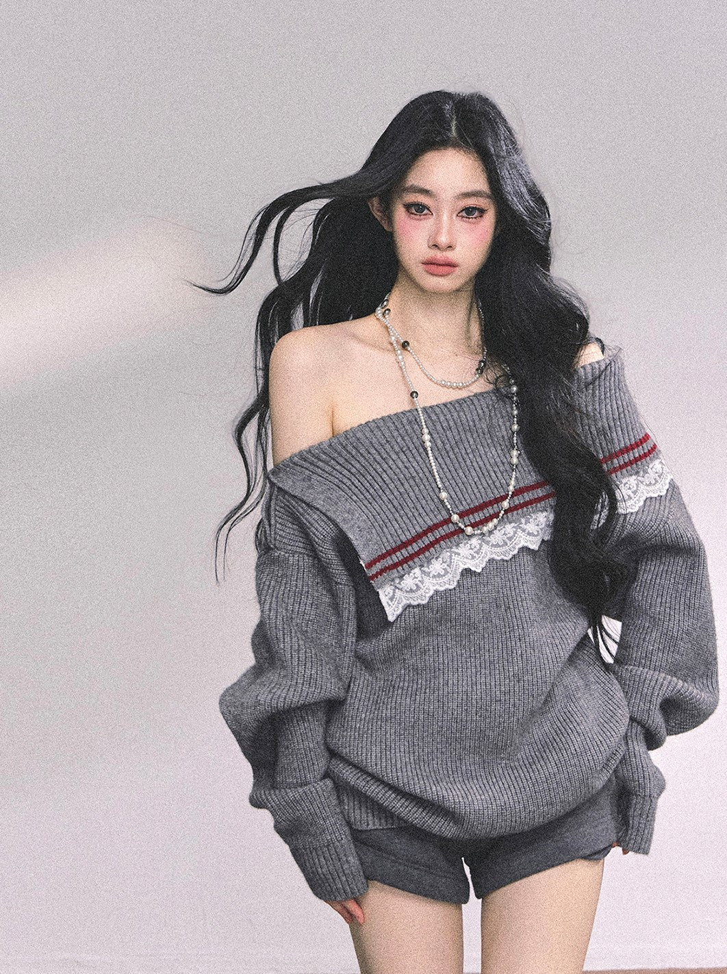 Lace Off-shoulder Loose Sweater DIA0632