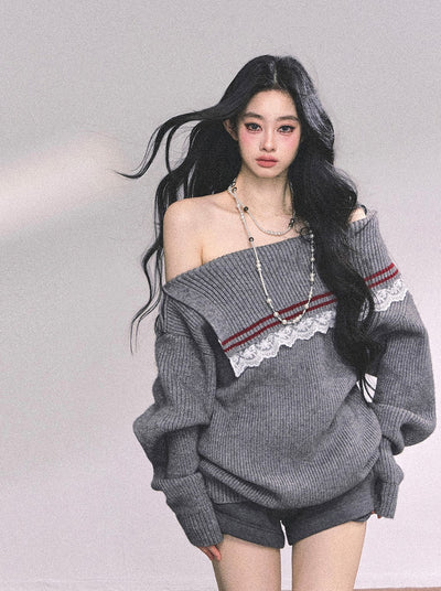 Lace Off-shoulder Loose Sweater DIA0632