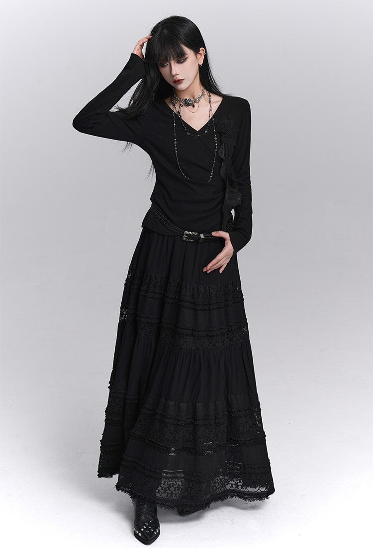 Black Lace A-line Long Skirt LAD0235