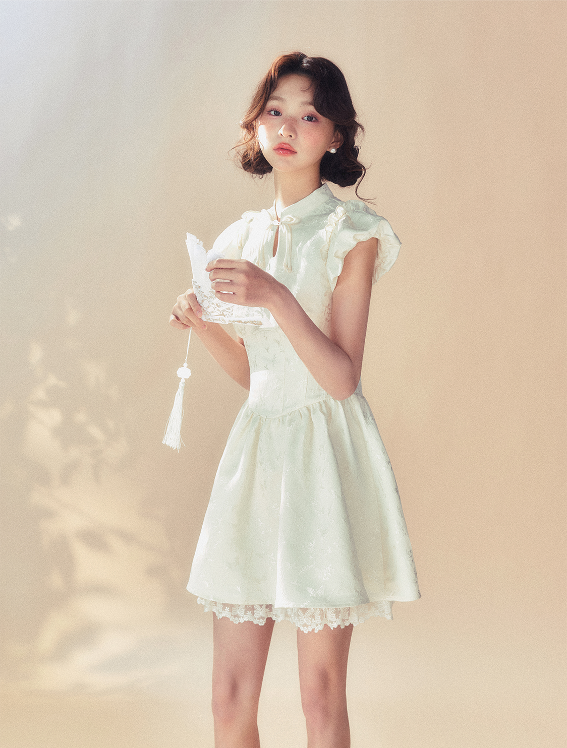 Flying Sleeve Beige Umbrella Dress SUN0056