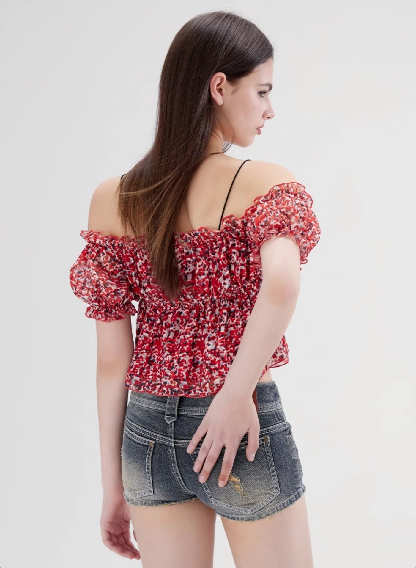 Floral Short One-shoulder Suspender Chiffon Shirt WOO0101