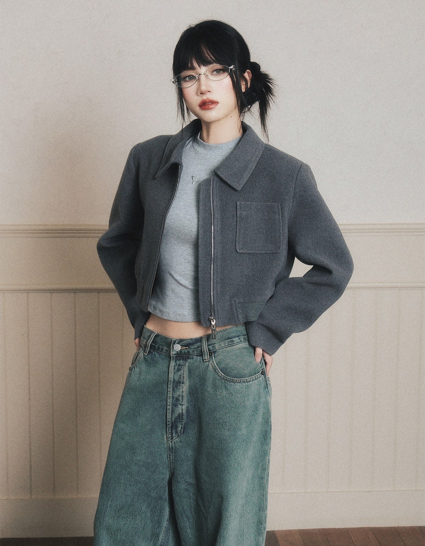 Gray Lapel Short Jacket LUL0189