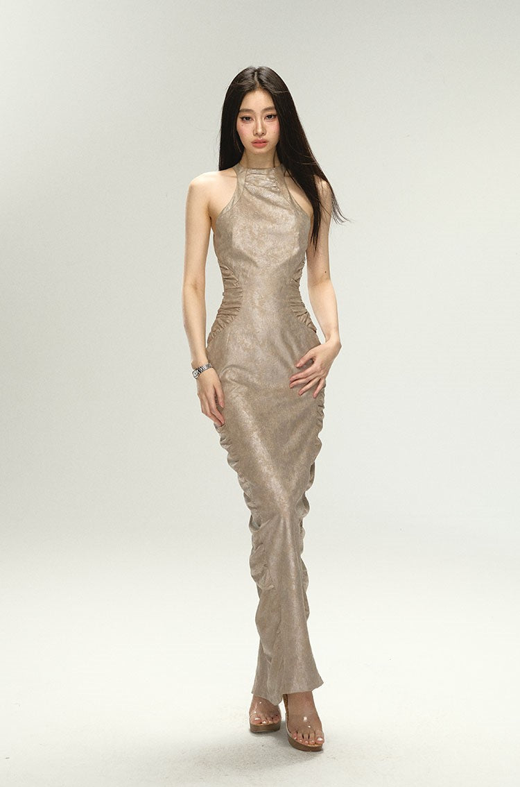 Shiny Pleated Long Sleeveless Dress 4MU0053