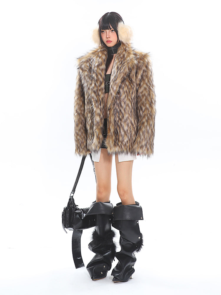 High-end Leopard Thickened Lapel Fur Warm Coat UNC0196