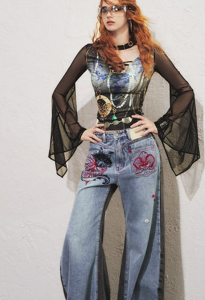 Pattern Printed Trumpet Sleeve Top OFA0286