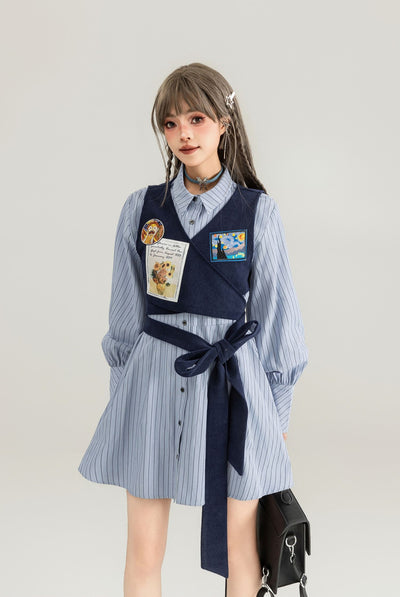 American College Fake Two-piece Striped Shirt Dress KEI0045