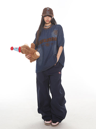 American Retro Letter Embroidery Denim Loose T-shirt UNC0137