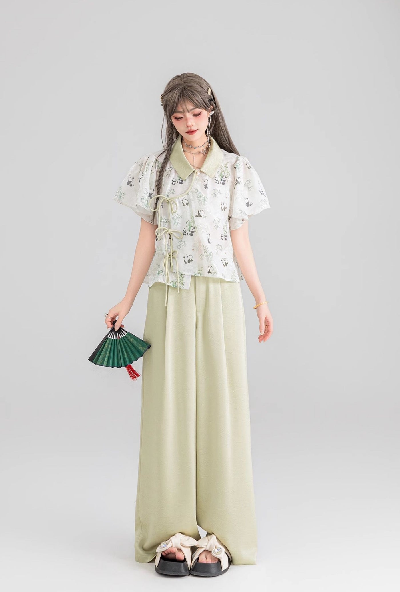 Panda Pattern White Chiffon Shirt/Light Green Pants KEI0049