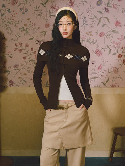 Argyle Design Long-Sleeved Knitted Cardigan LAL0230