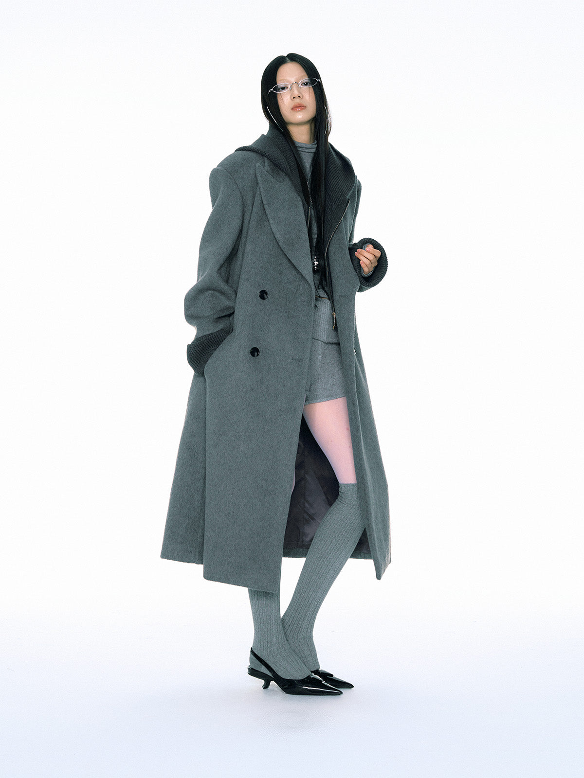 Retro Fake Two-piece Ribbed Splicing Removable Hooded Wool Coat CUR0155