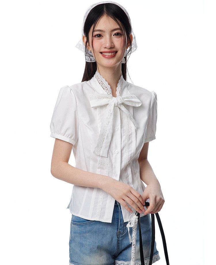 White Lace Bow Short-sleeved Shirt NTO0097