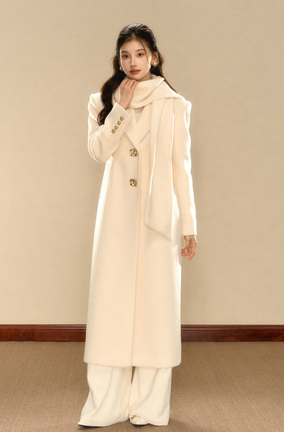 Milky White Simple Waist Long Wool Coat OSH0089