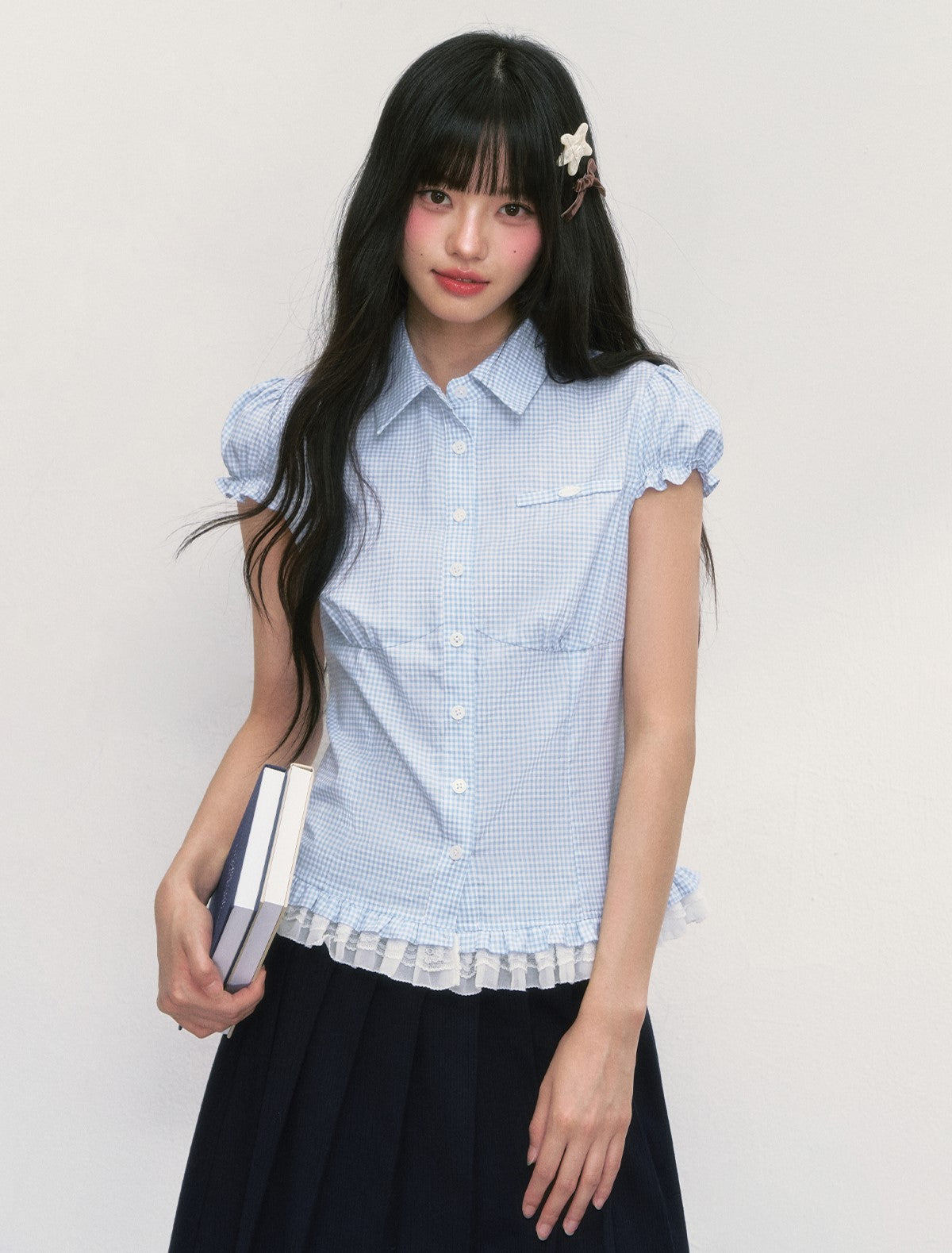 Lace Plaid Puff Sleeves Shirt WEE0042