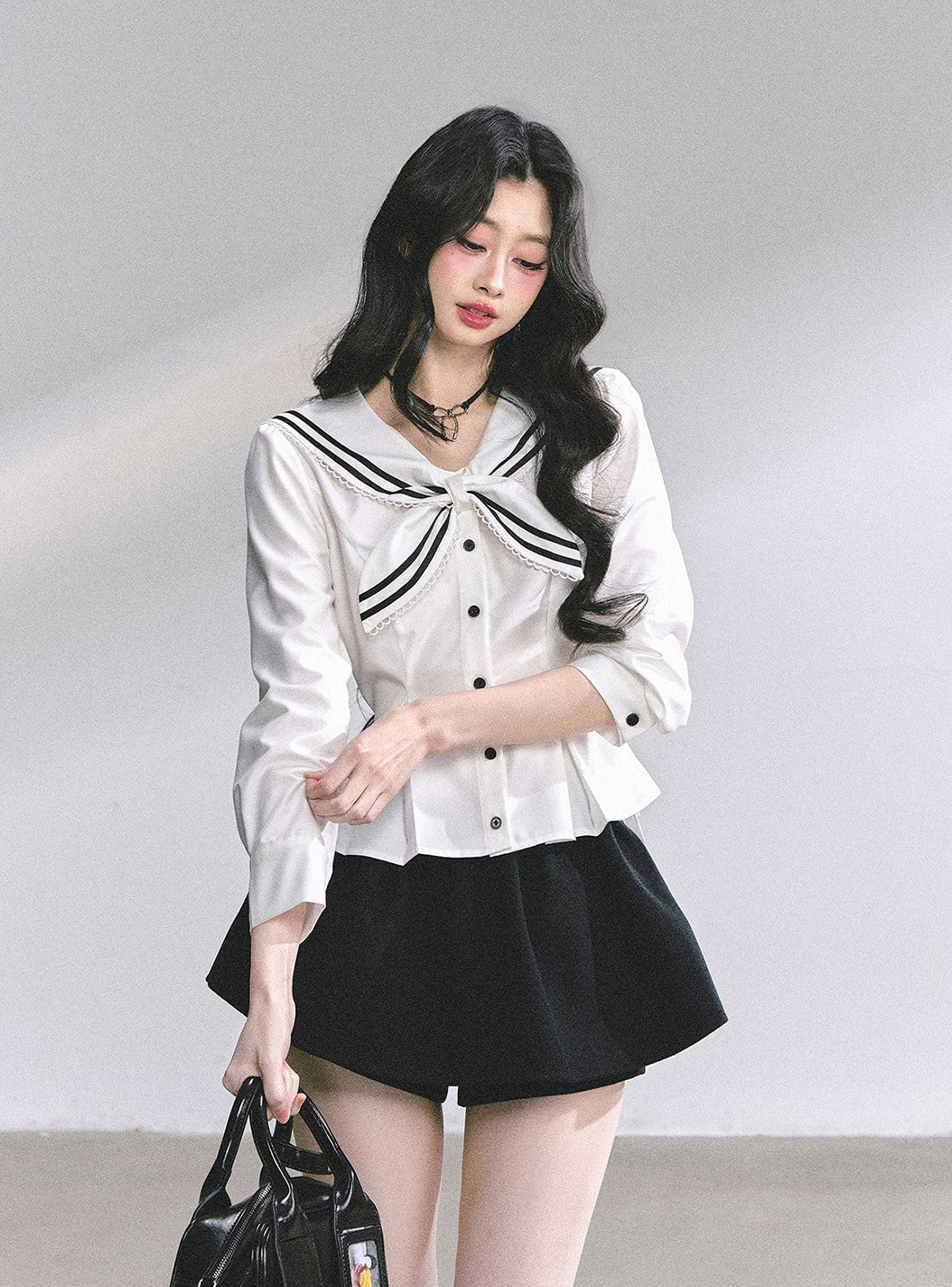 Lace Bow Navy Collar Shirt DIA0554