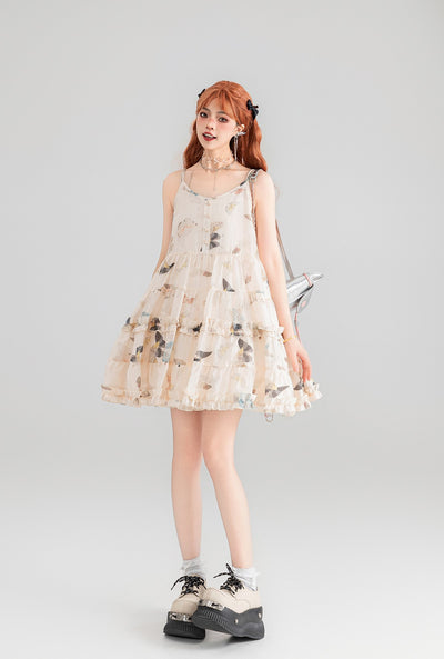 Butterfly Floral Pleated Lace Chiffon Suspender Dress KEI0054