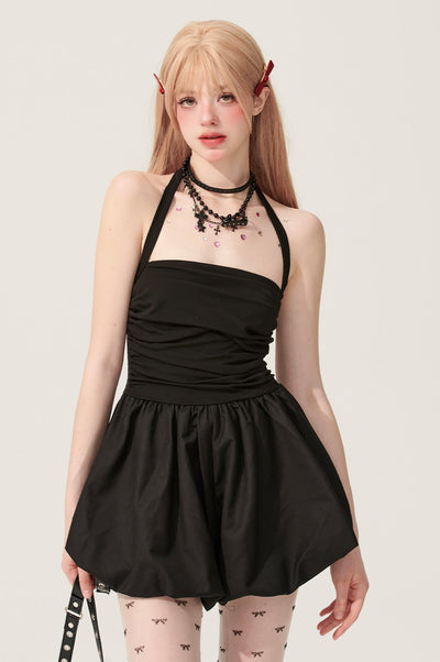 Black Halter Neck Puffy Short Dress DIA0166