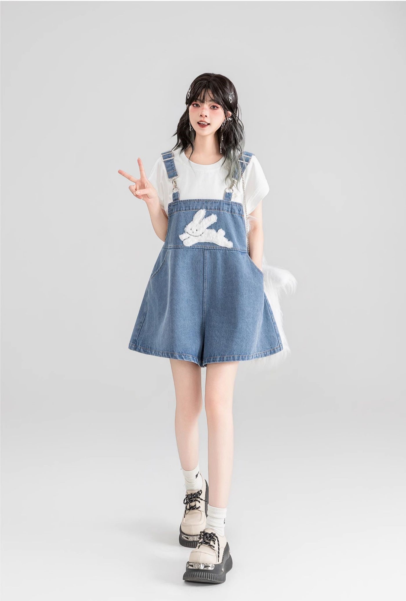 Rabbit Print Denim Overalls/White T-shirt KEI0053