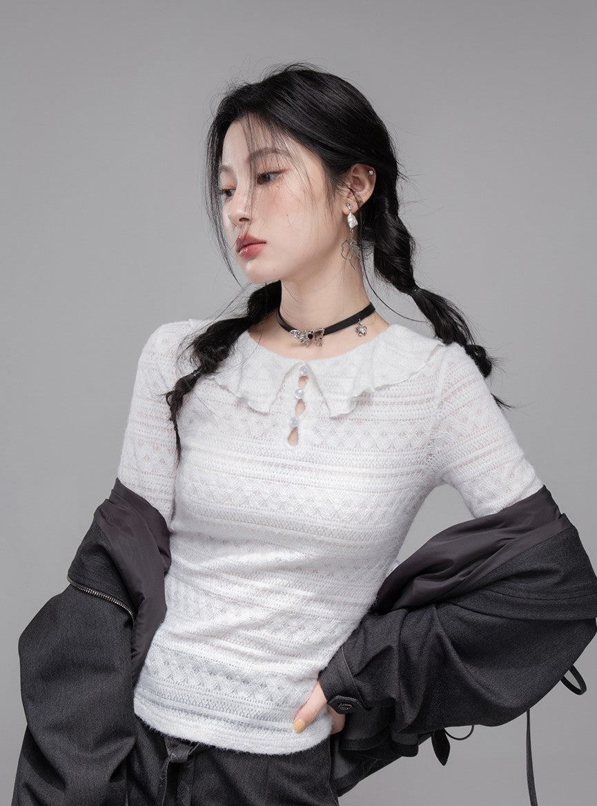 White Lotus Leaf Hollow Collar Sweater COT0348