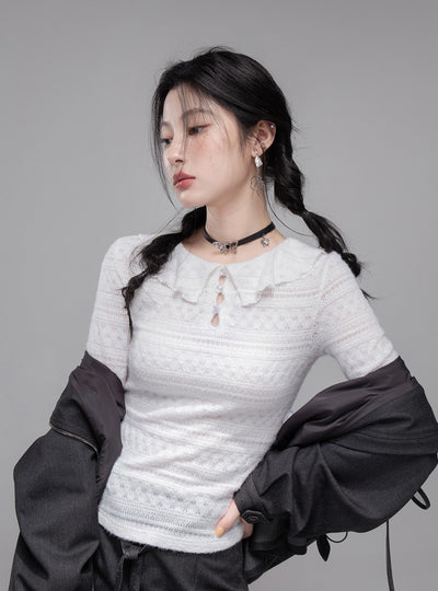 White Lotus Leaf Hollow Collar Sweater COT0348