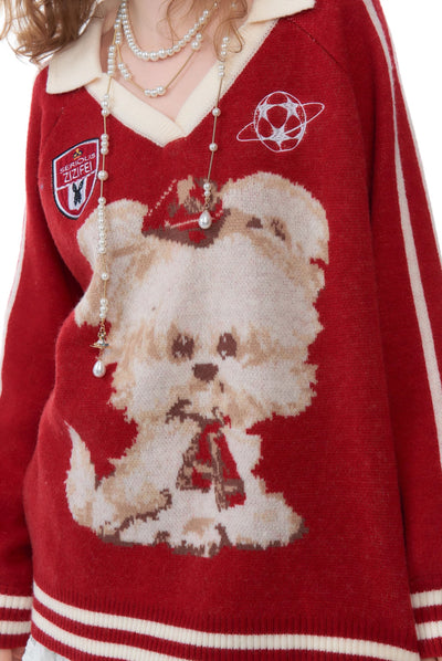 American Retro Design Polo V-neck Red Dog Sweater ZIZ0193