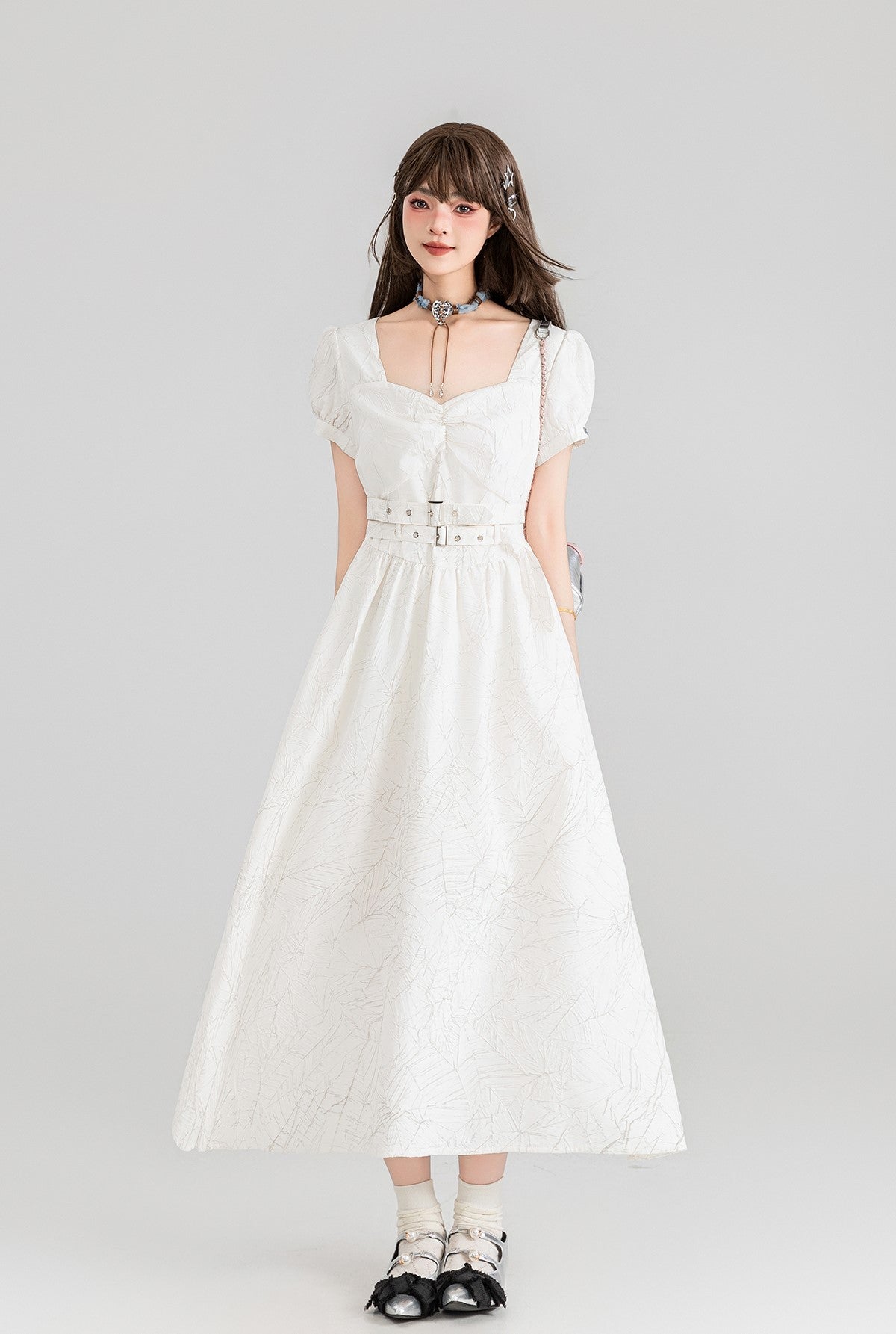 French Belt White Jacquard Square Collar Long Dress KEI0100