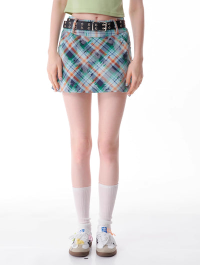 American Retro Tattered Green Plaid A-line High Waist Short Skirt ZIZ0126