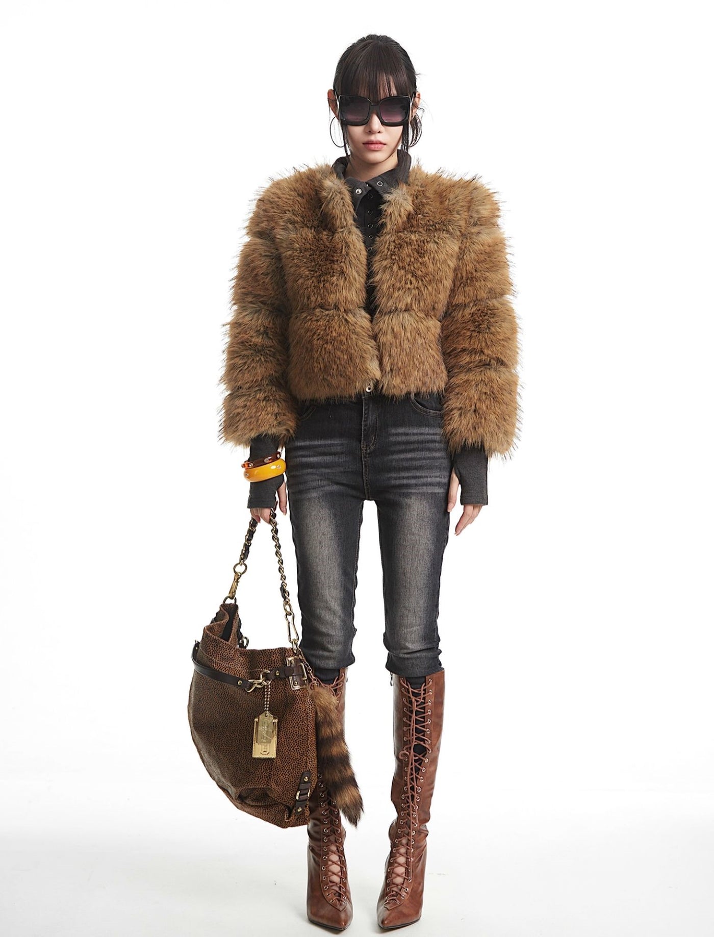 Brown Short Faux Fur Fluffy Coat UNC0332