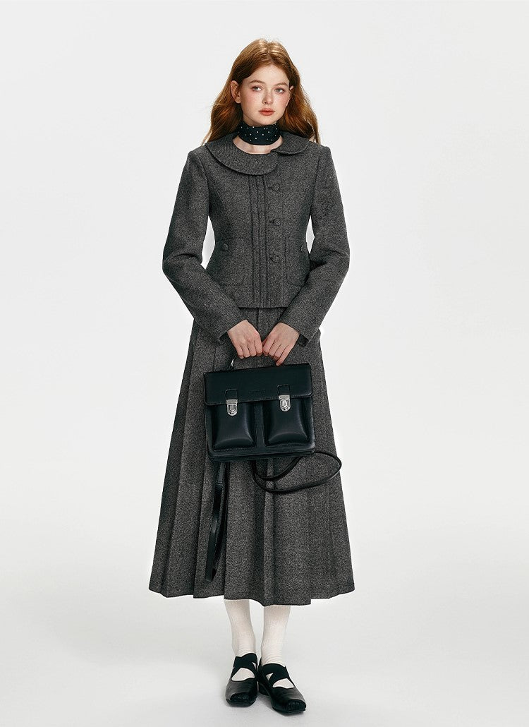 Simple Retro Tucker Line Jacket/Waist Wool Skirt BOH0089