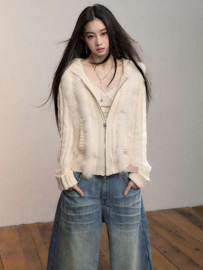 Fur Patchwork Knitted Hooded Cardigan VIA0356