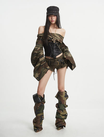 Camouflage One-shoulder Leather Top UNC0254