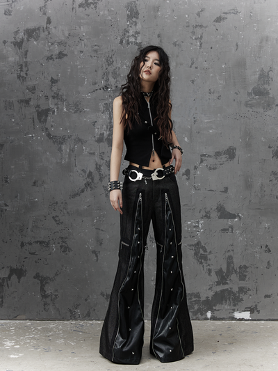 Street Punk Rivet Zipper Cross Wide Leg Flared Pants FRU0047