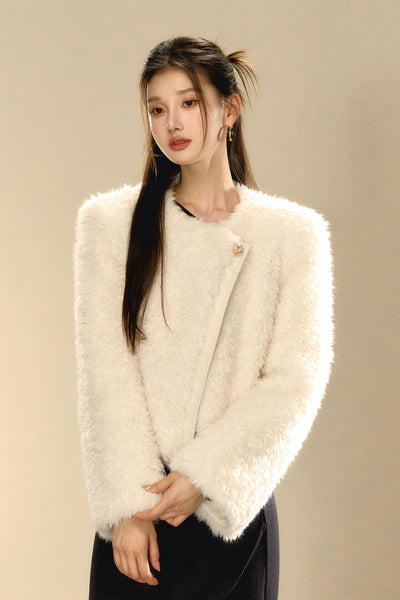 Eco-friendly Fur Asymmetrical Warm Iimitation Lambswool Short Jacket OSH0095