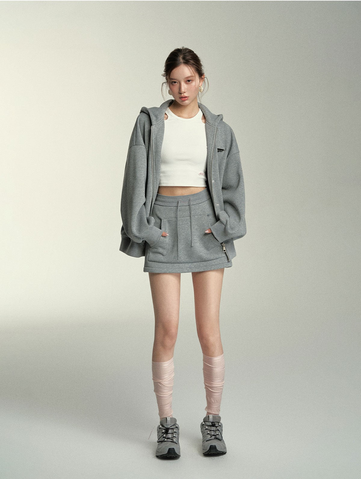 Button-down Hoodie/Kangaroo Pocket Skirt SOM0061
